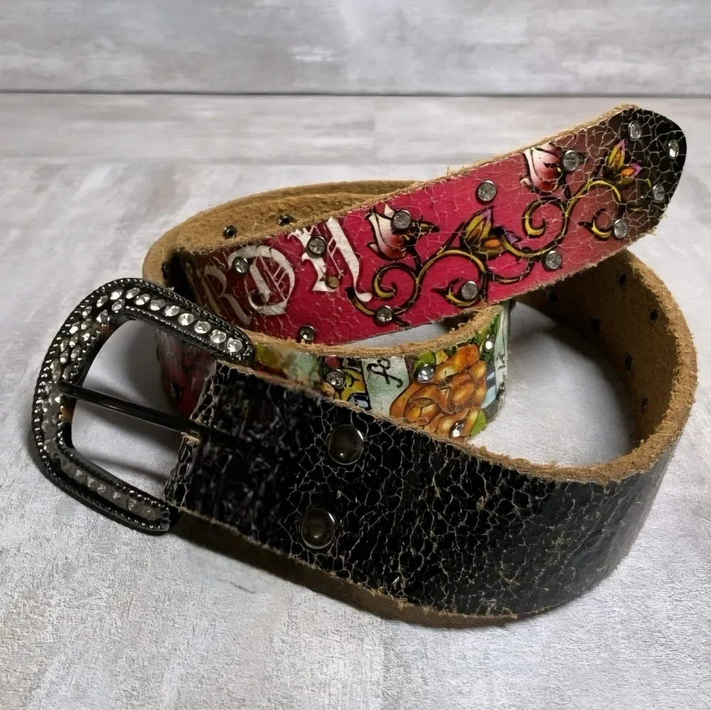 Ed Hardy For The World Rhinestone Studded Pink Black Tattoo Leather Belt Sz S-M - Picture 1 of 16